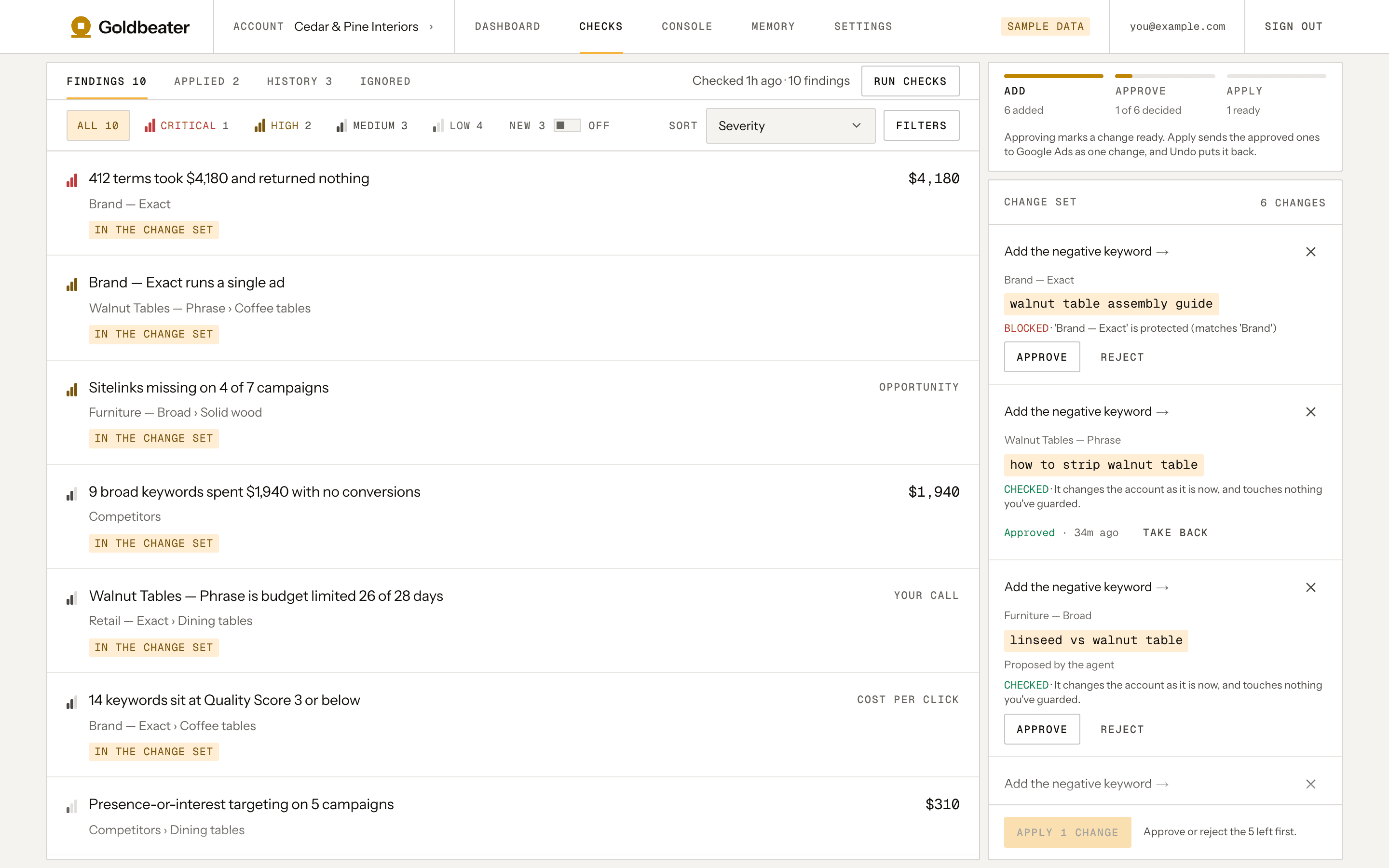 Goldbeater's checks page: the findings on the left, and the change set on the right with each proposed negative keyword to approve or reject.