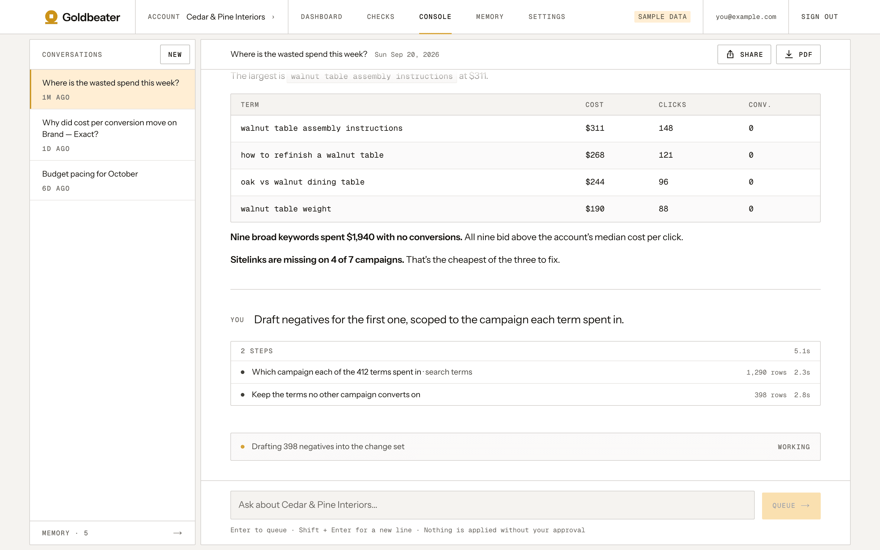 Goldbeater's console: an answer about wasted spend with a table of search terms, and a follow-up question still running with its steps listed.