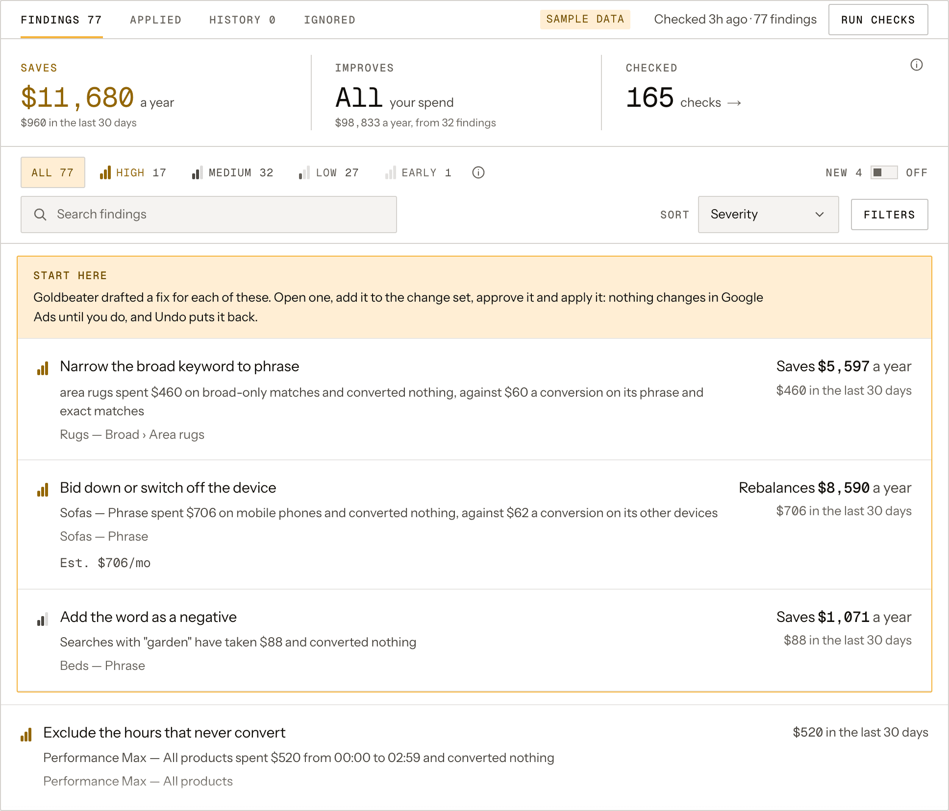 Goldbeater's checks page for a sample account: what the fixes save a year, the findings ordered by what they're worth, each leading with its fix, and the change set beside them.