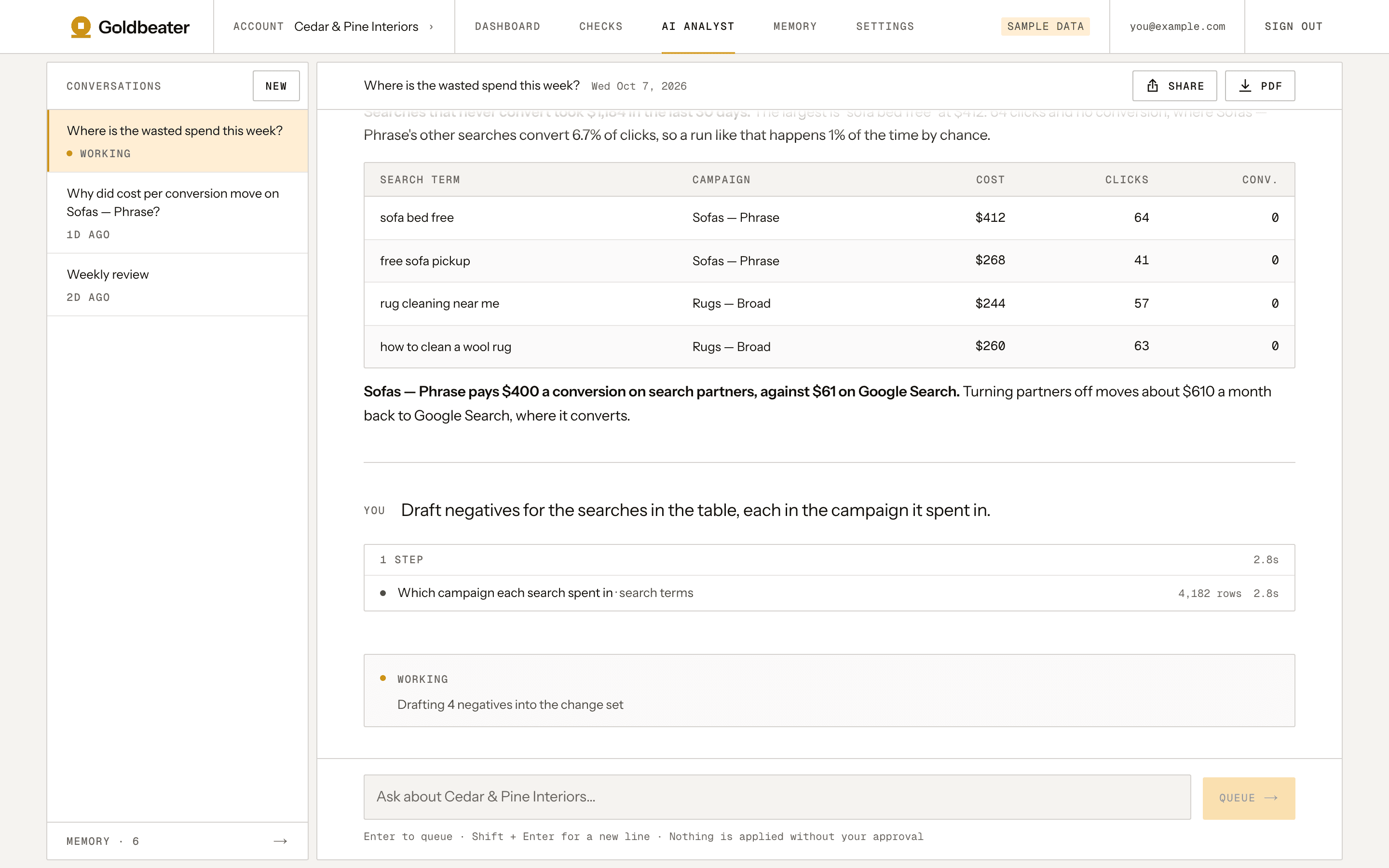 Goldbeater's AI analyst for a sample account: an answer about wasted spend with a table of search terms, and a follow-up still running with its steps listed.