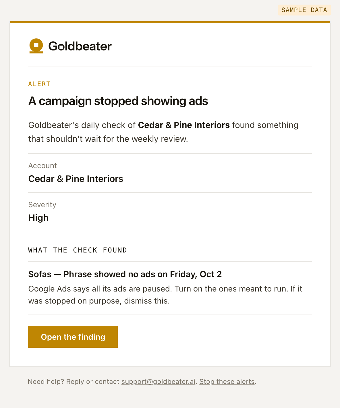 The alert Goldbeater mails, for a sample account: a campaign stopped showing ads, with the account, the severity, what the daily check found, what to do, and a button that opens the finding.
