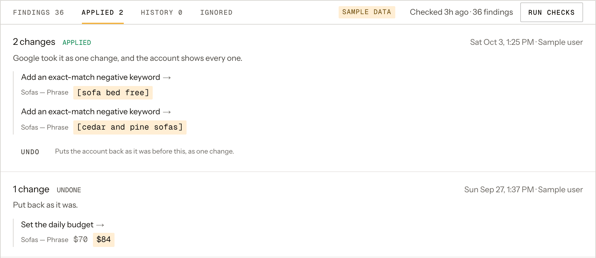 The Applied tab of Goldbeater's checks page for a sample account: a change set of two changes applied twelve minutes ago with its Undo, and an earlier one that was undone, each naming who applied it and what it changed.