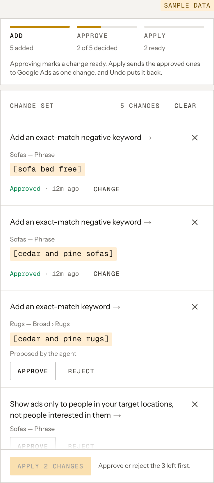 Goldbeater's change set for a sample account: five drafted changes, two approved and three waiting, and the Apply step that sends the approved ones to Google Ads.