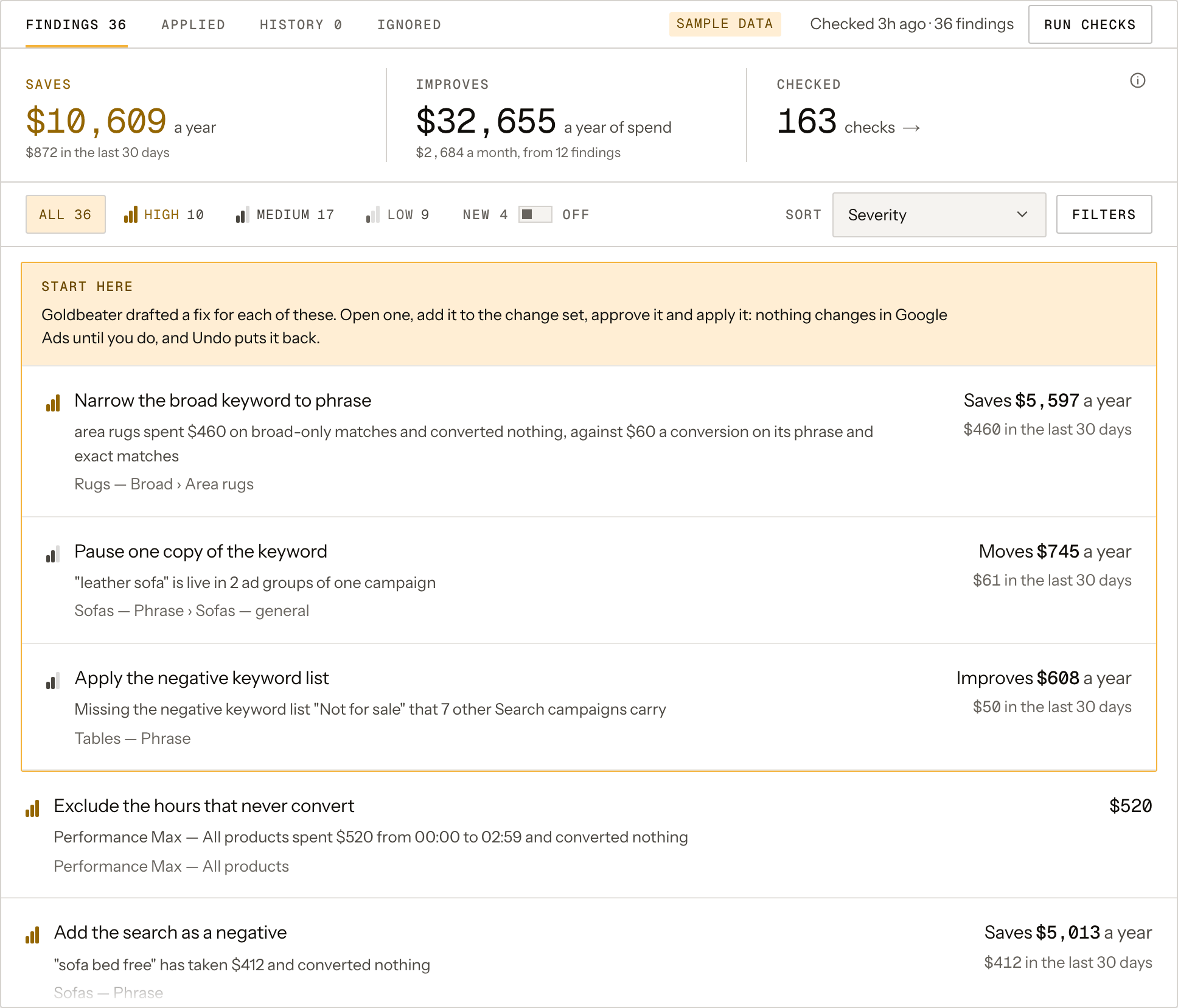 Goldbeater's checks page for a sample account: what the fixes save a year, the findings ordered by what they're worth, each leading with its fix, and the change set beside them.