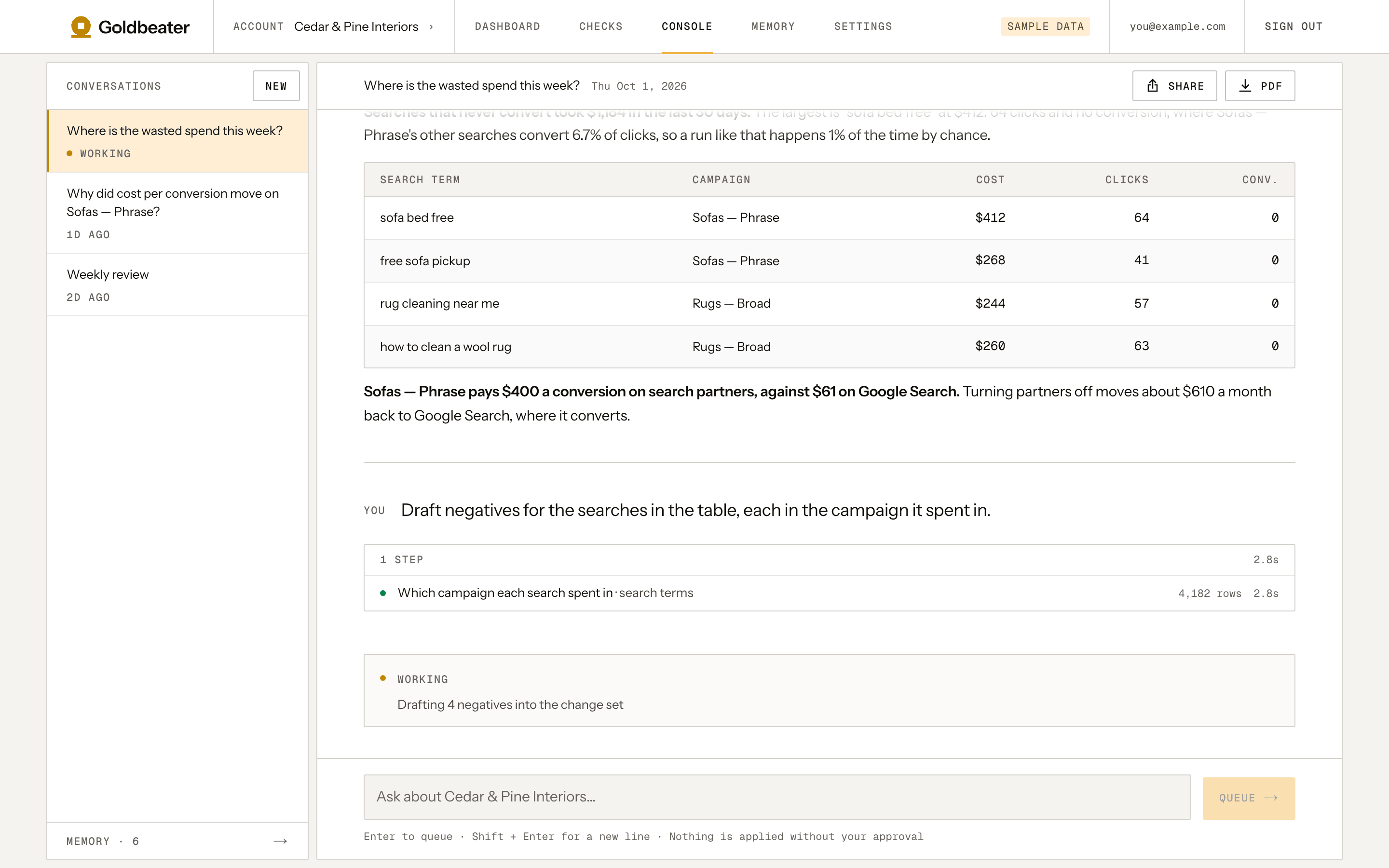 Goldbeater's console for a sample account: an answer about wasted spend with a table of search terms, and a follow-up still running with its steps listed.