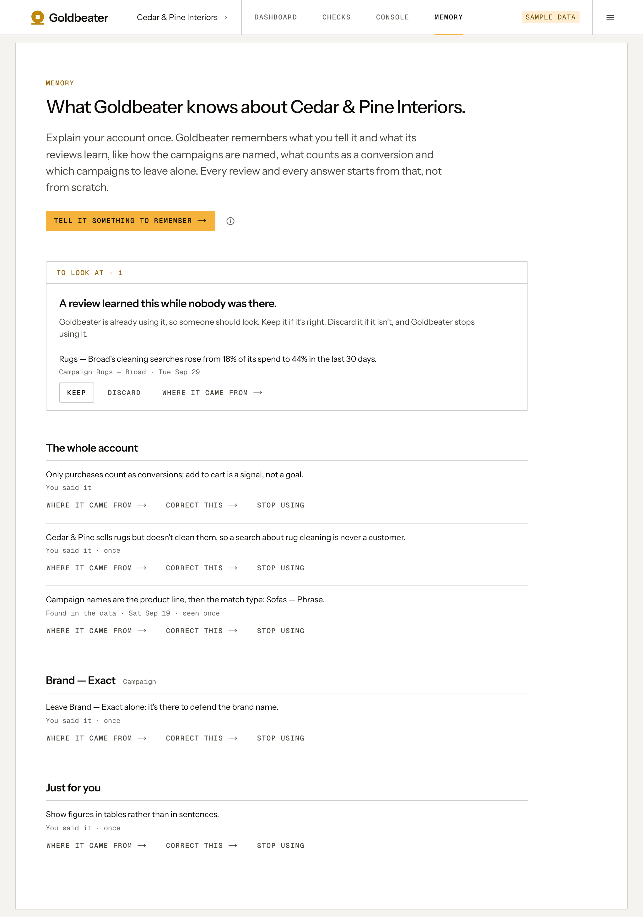 Goldbeater's Memory page for a sample account: what it knows, such as which conversions count and which campaign to leave alone, and one thing a review learned, marked for someone to look at.
