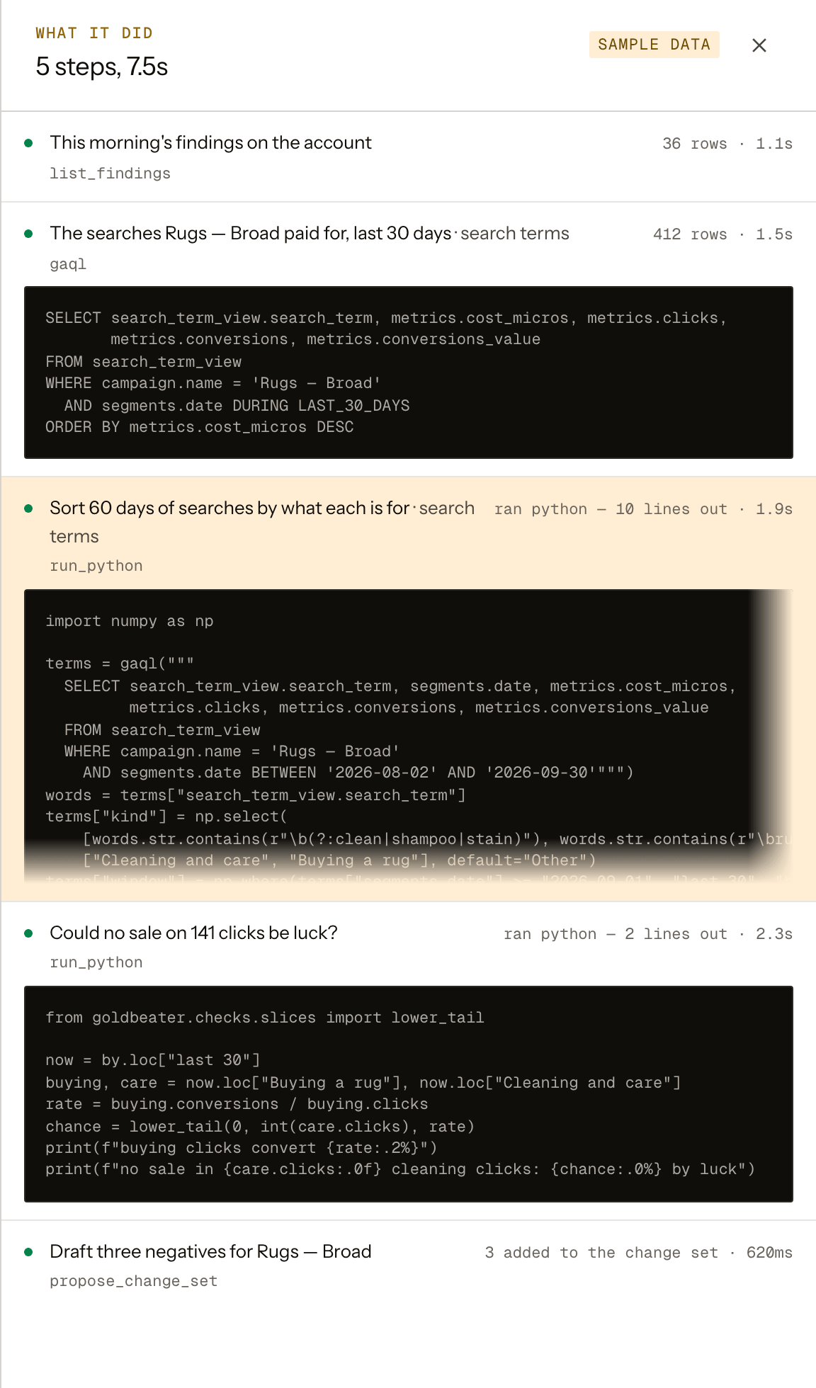 The steps behind a sample account's answer in Goldbeater's console: the GAQL query it wrote, the Python that sorted 60 days of searches by what each was for, and the Python that tested the result with Goldbeater's own statistics.