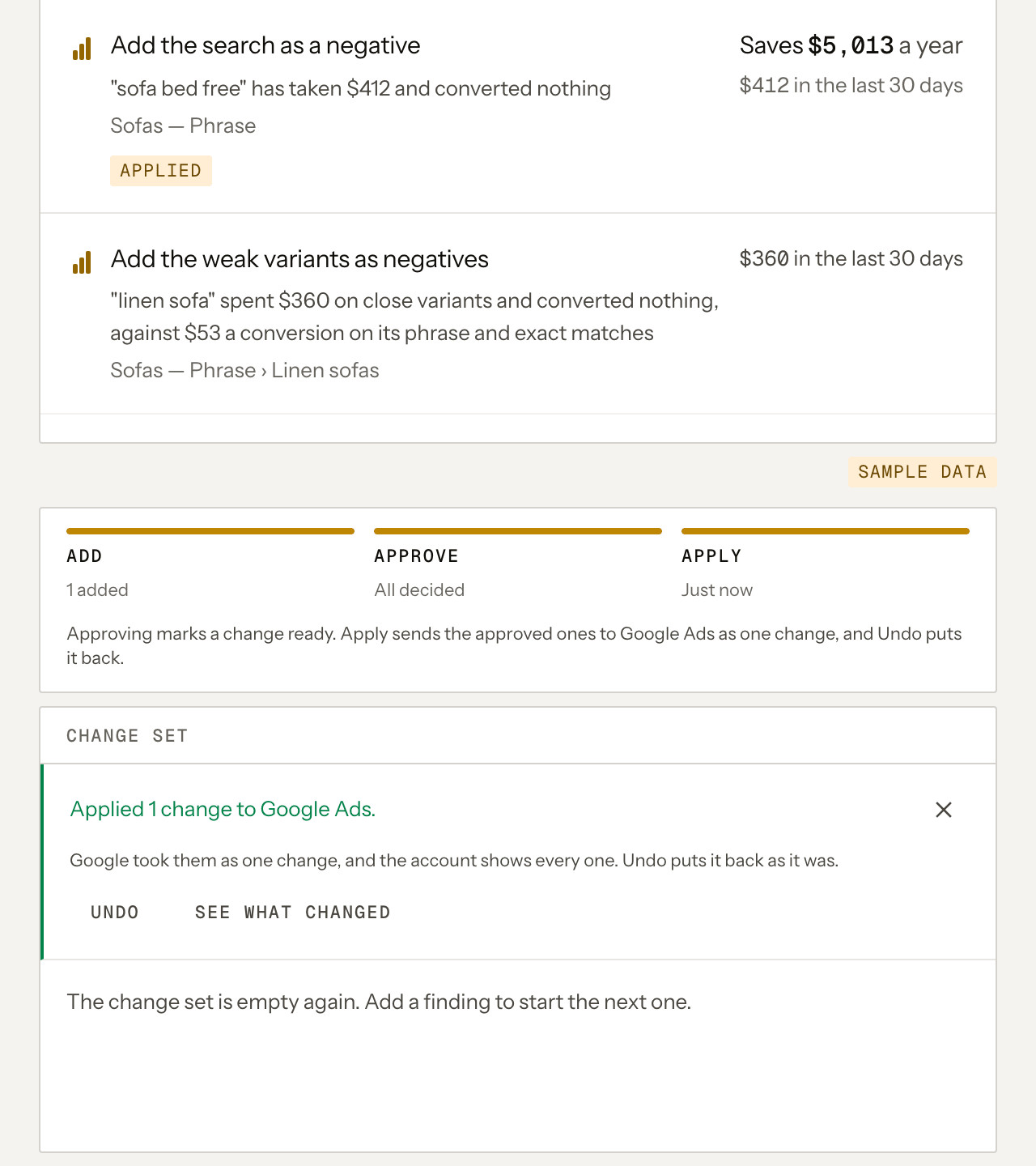 Goldbeater's change set for a sample account after Apply: Applied 1 change to Google Ads, with its Undo and See what changed, and the finding's row marked Applied.