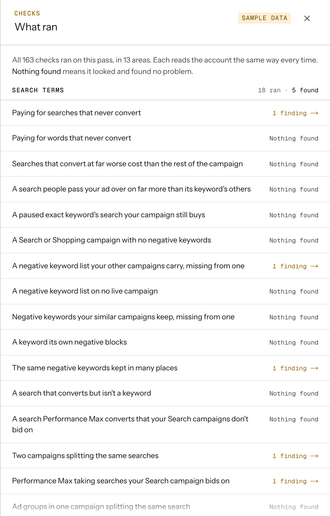 What ran on a sample account's checks this morning: every area of the account, each check in it, and what each found or that it found nothing.